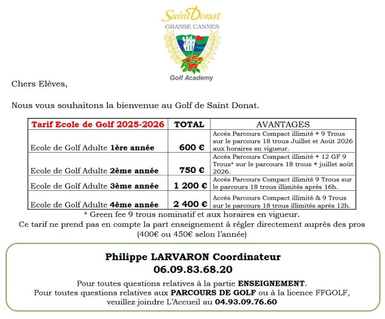 Tarifs École de golf ADULTES 2025-2026